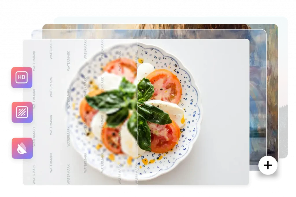 um clique para melhorar uma imagem de alimentos com três ícones no editor de fotografias em lote aiease