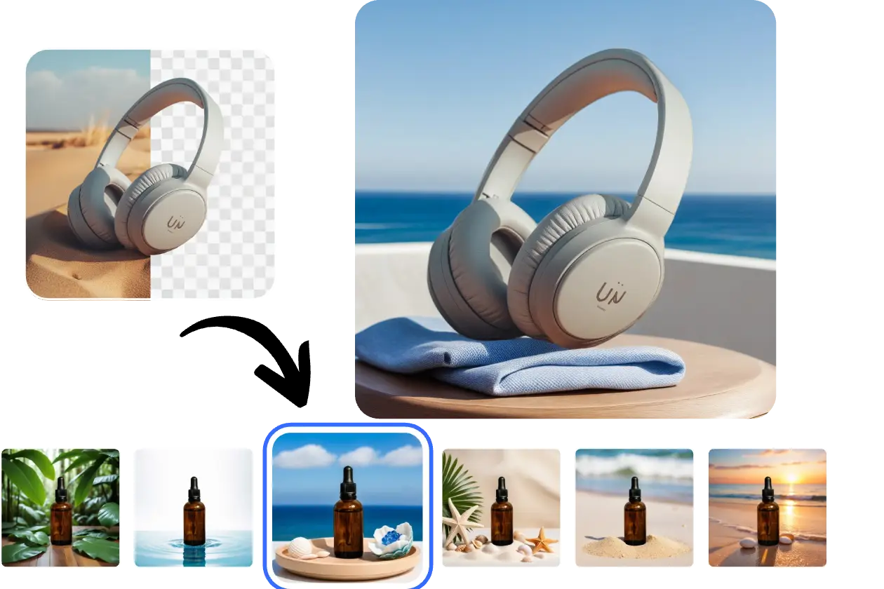 remover e utilizar o gerador de fundos de IA para adicionar um novo fundo de IA à imagem dos auscultadores no AI Ease