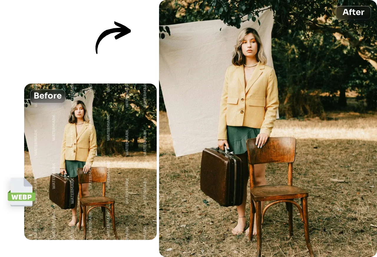 supprimer le filigrane d'un portrait de femme debout en plein écran webp avec aisance ai gratuitement