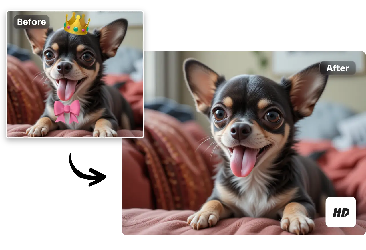 remove unwanted stickers and emojis from a cute dog image without losing quality