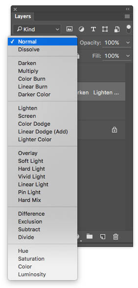 select a blending mode at the top of the layers panel in photoshop