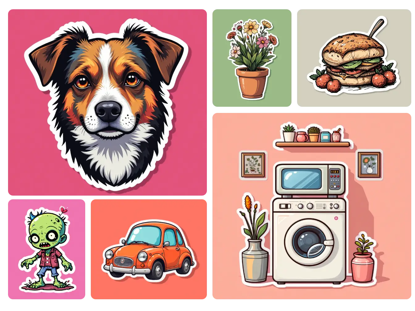 six autocollants ai mignons comprenant chien voiture meubles plante nourriture et zombie made in aiease ai sticker generator
