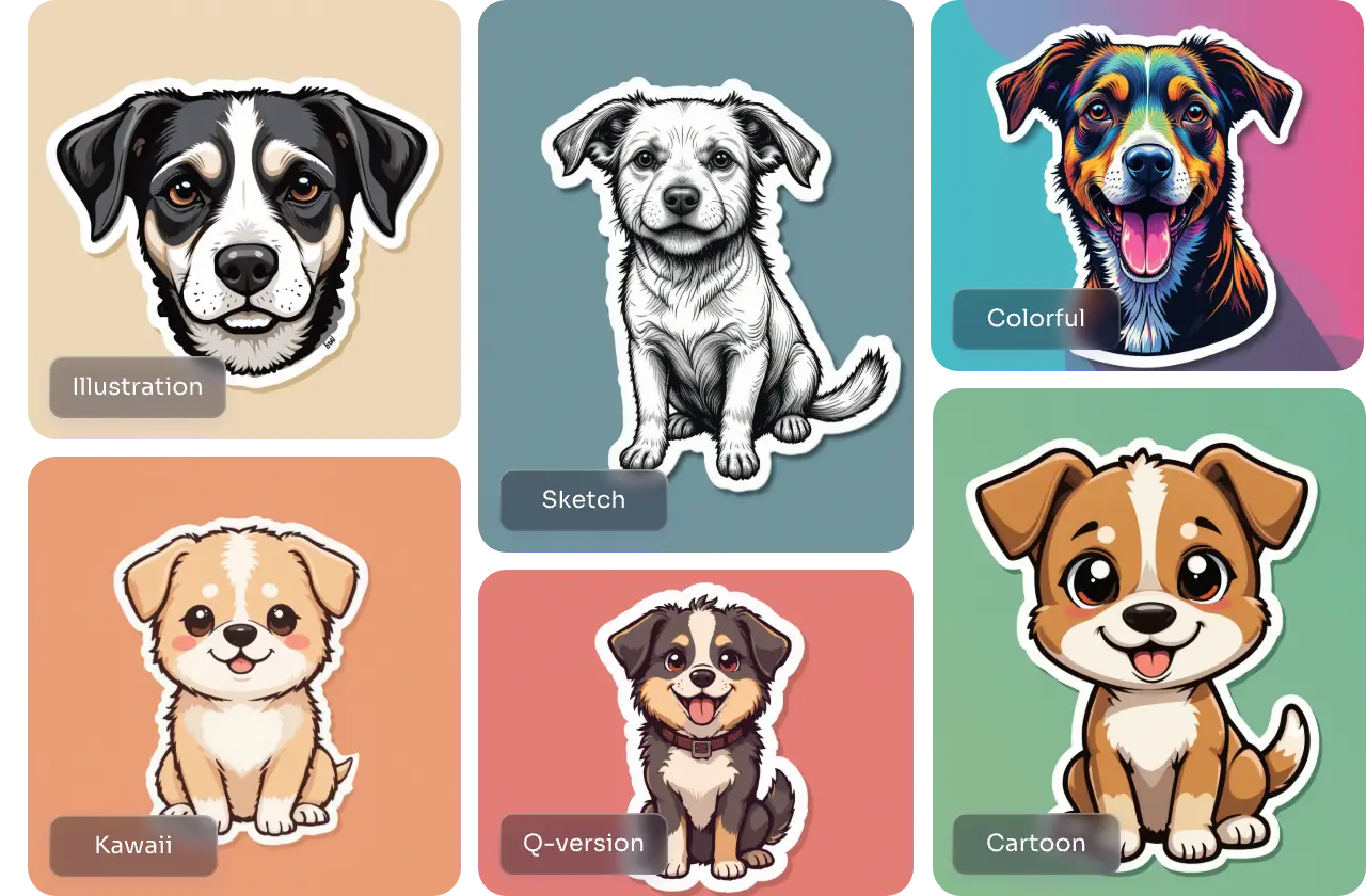 six autocollants de chien de différents styles d'illustration croquis coloré kawaii qversion et dessin animé fait dans aiease ai sticker generator