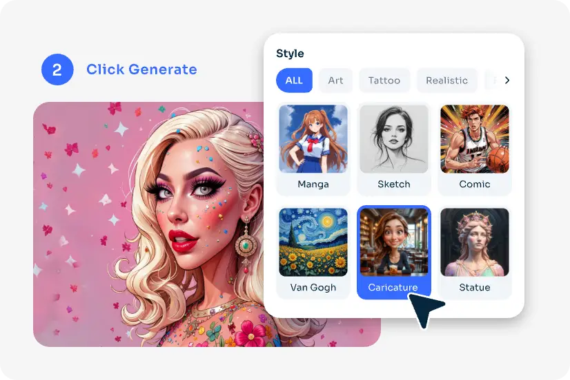 start creating an ai celebrity with text prompt and style