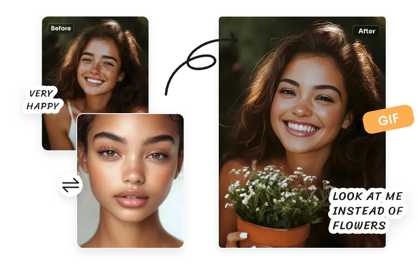 swap face with a smiling woman holding plants meme template