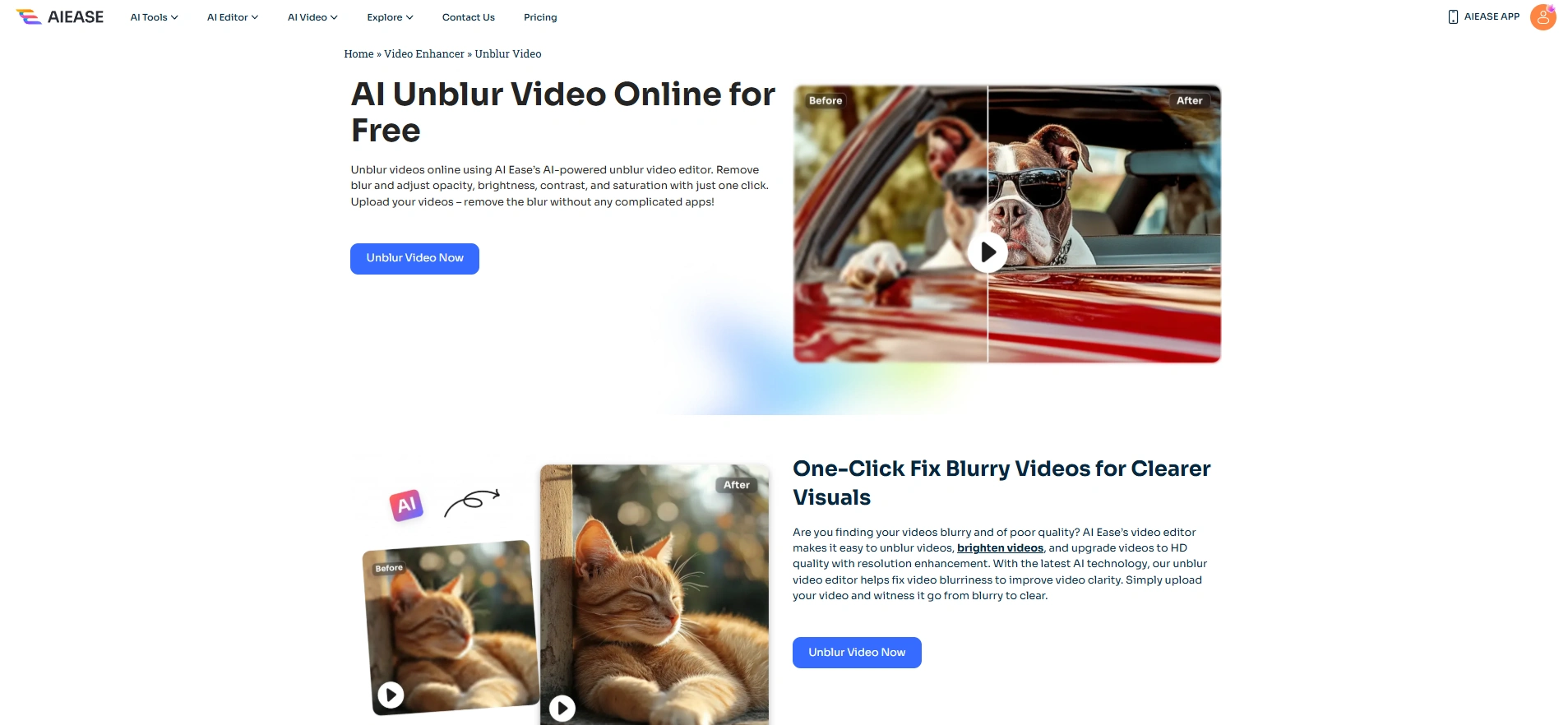 the interface of ai ease ai unblur video online for free