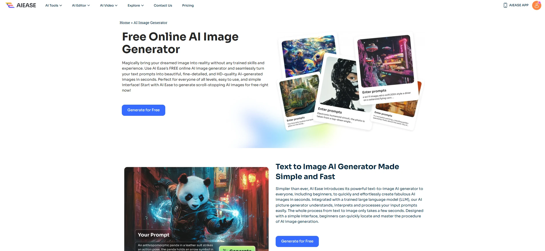 the interface of ai ease free online ai image generator