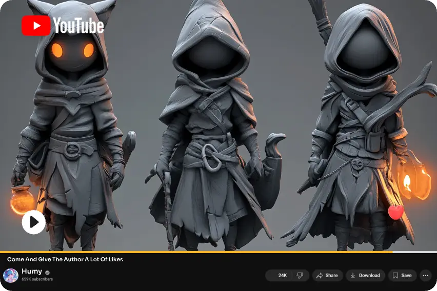três personagens 3d para conteúdos de vídeo do youtube criados no aiease 3d character creator