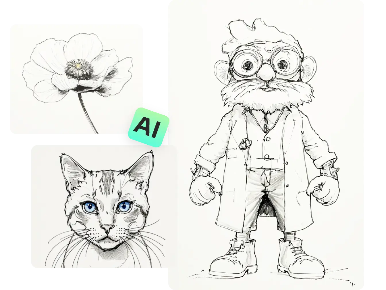 AI Easeのオンラインaiラインアートジェネレーターから生成された3つのaiラインアート画像
