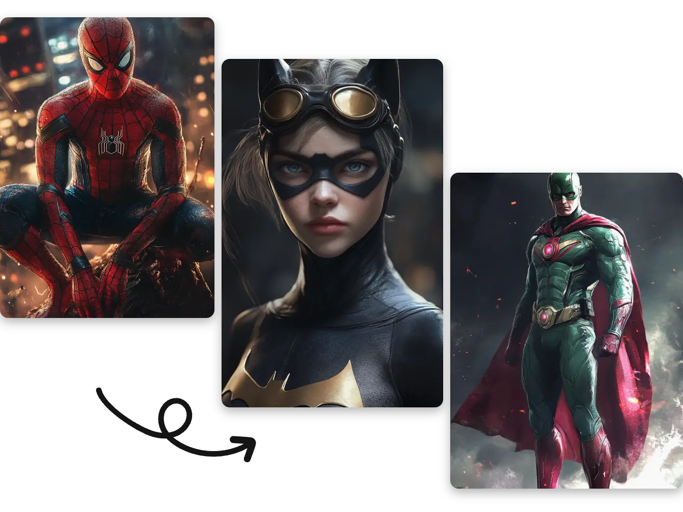 trois super-héros personnalisés et uniques par aiease ai superhero generator