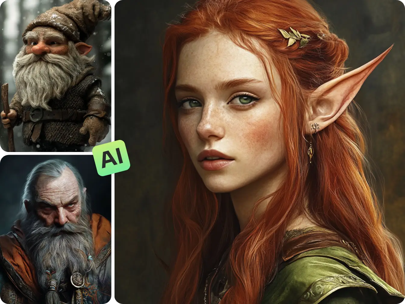 three fantasy characters of elf and dawlf made in aiease fantasy character generator