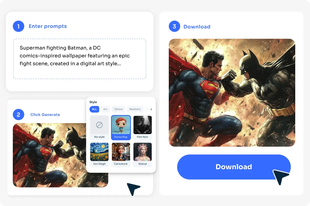 trois étapes de la création d'un super-héros en aiease ai superhero generator