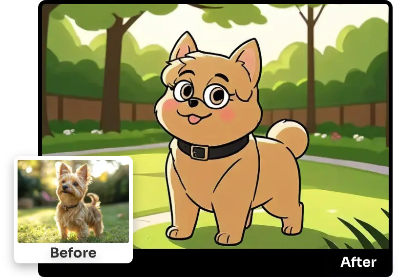 transform a cute yellow dog into flat cartoon in aiease