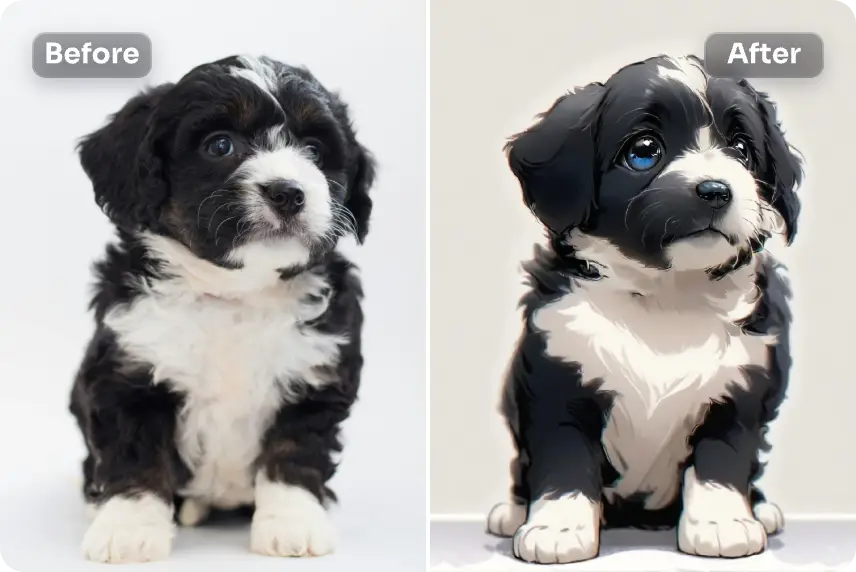 transforma un lindo perro blanco y negro en un dibujo animado con la herramienta de transferencia de estilo ai de aiease