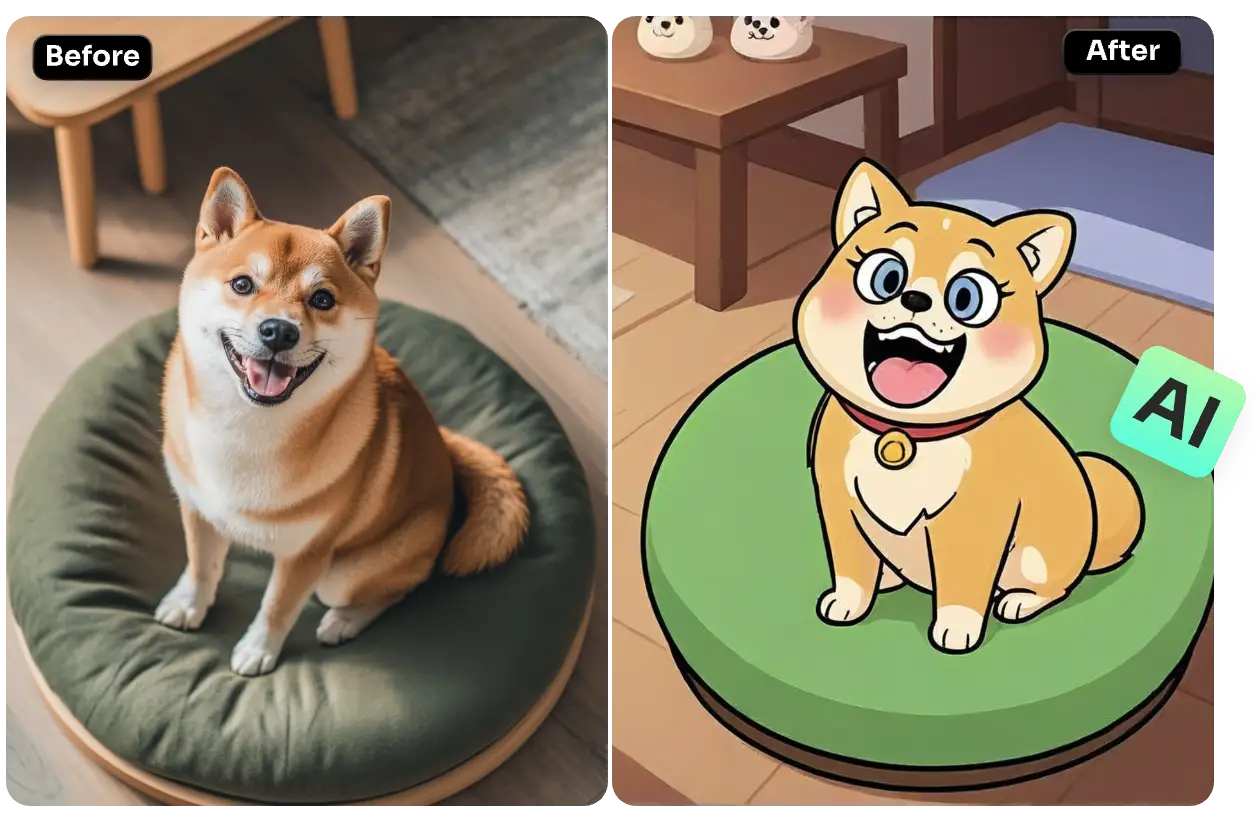 transform a dog photo into flat cartoon style with ai