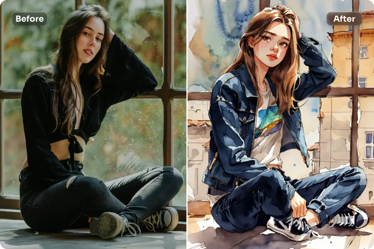 transformar retrato femenino en pintura acuarela con ai facilidad gratis