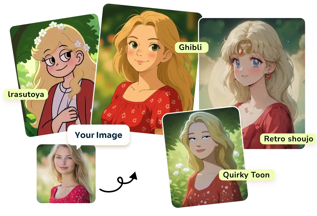transforma el retrato de chica con camiseta roja en cuatro estilos diferentes en aiease ai style transfer tool