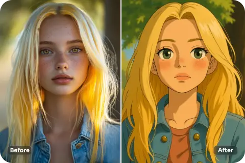 convierte la imagen de una mujer rubia con camisa azul al estilo ghibli