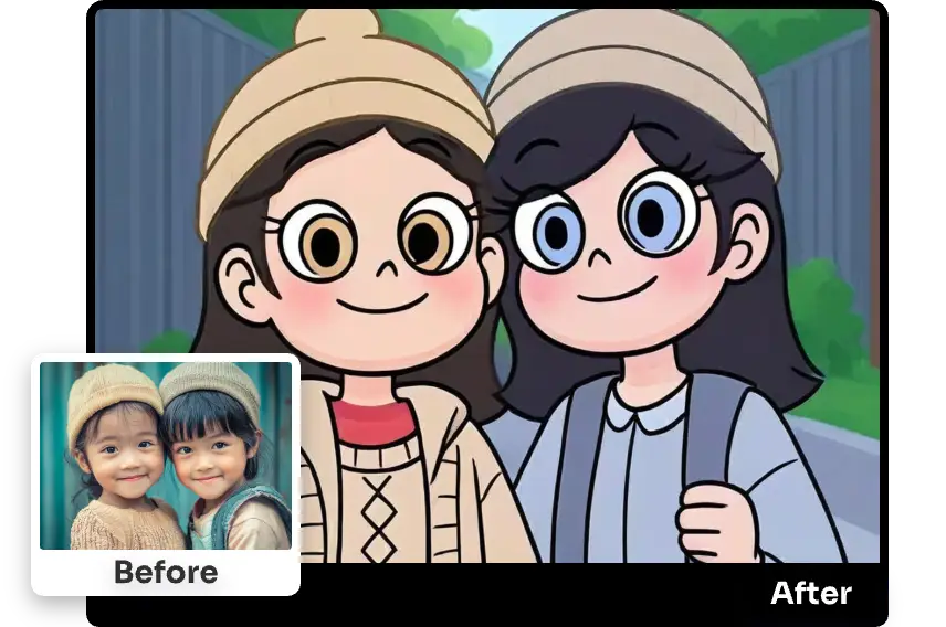 turn a image of two good friends into flat cartoon in aiease