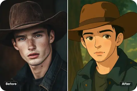 convertir un hombre con sombrero fedora retrato en estilo de animación ghibli con ai facilidad filtro ghibli