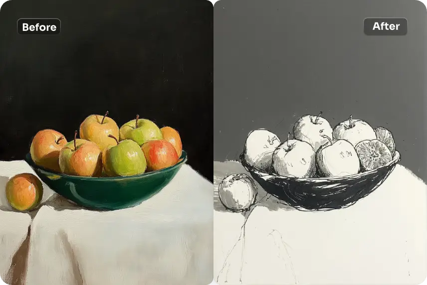 turn a still life photo of fruits on desk image into sketch