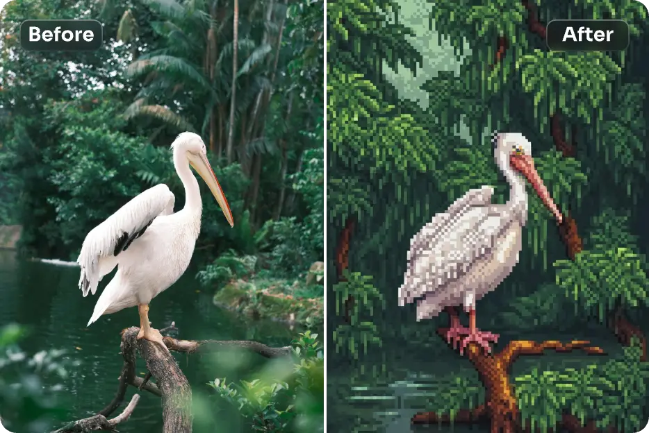 convierte una grulla blanca en estilo pixel art en aiease ai style transfer tool