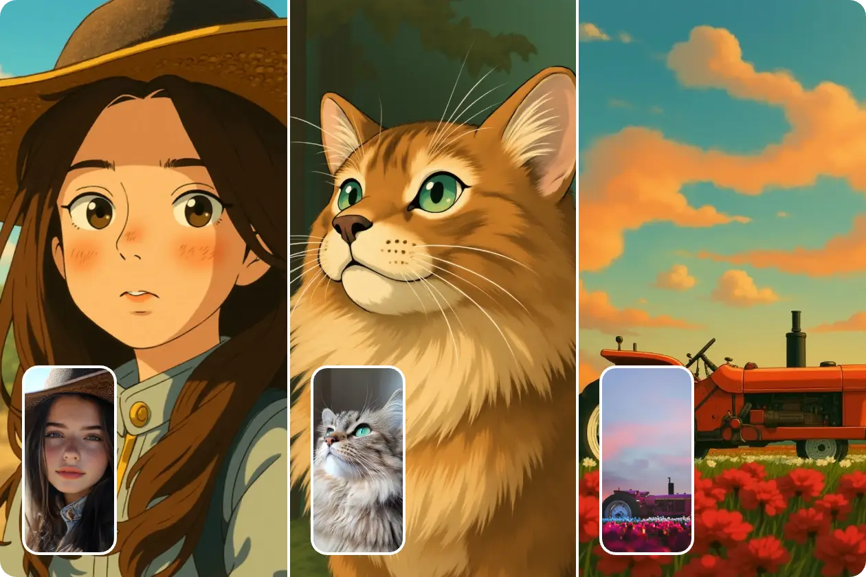 convierte una imagen de gato retrato femenino y una imagen paisaje en estilo ghibli con ai ease ghibli filter