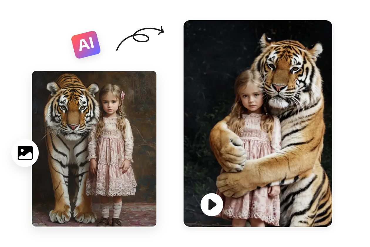 téléchargez le portrait d'une petite fille et appliquez le modèle vidéo de câlin de tigre en aisance ai