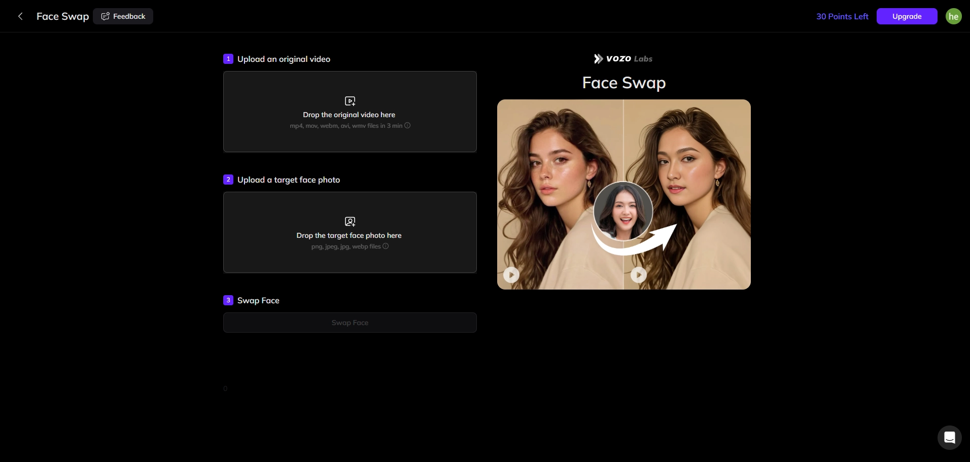 upload an original video to vozo video face swap ai