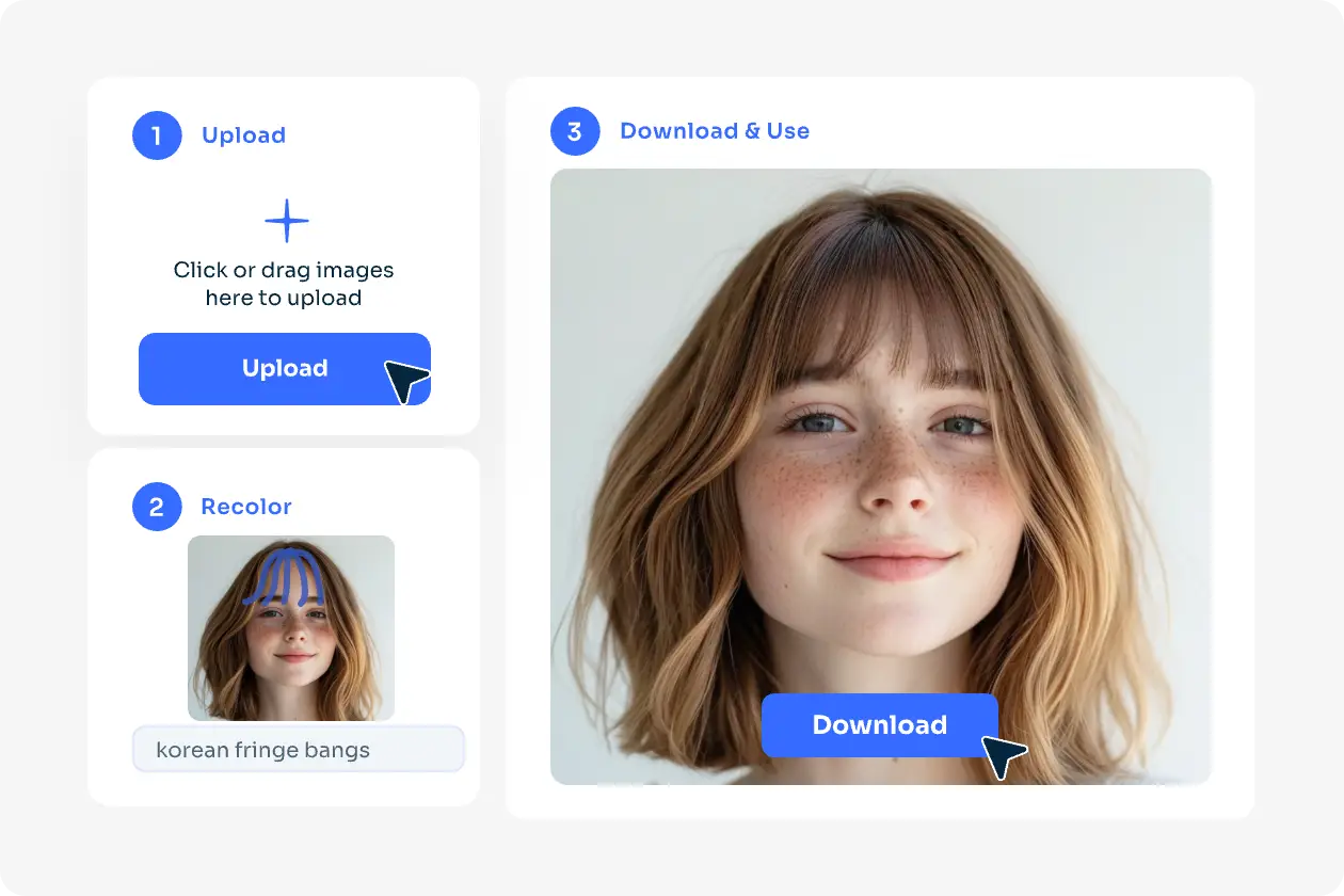 upload the woman image and brush over the forehead area to try on bangs with aiease bangs filter