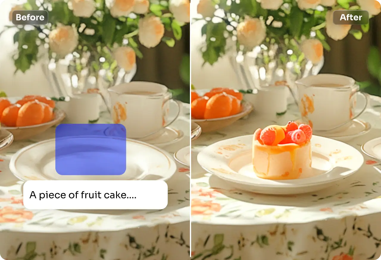 utilice la herramienta de relleno generativo en línea de AI Ease para añadir un pastel a la imagen de la bandeja