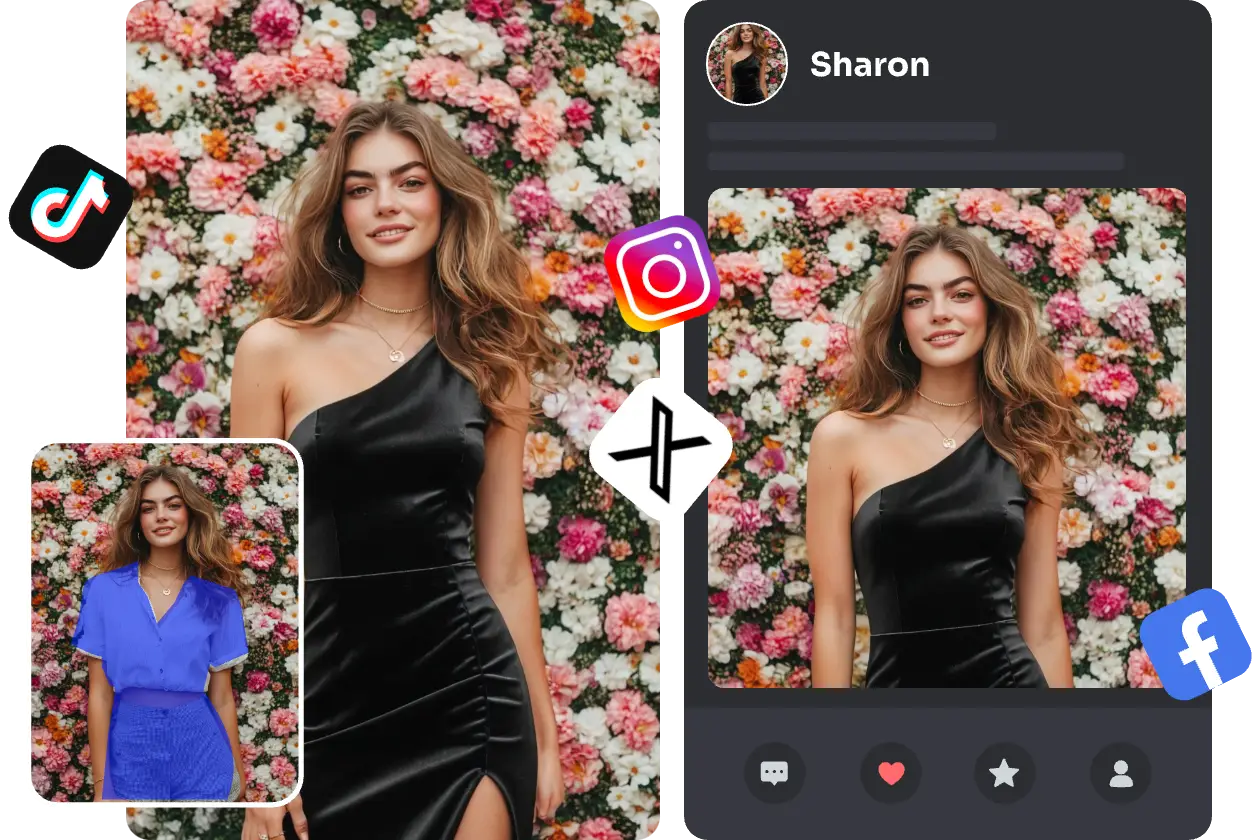experimentar virtualmente um vestido de baile preto e publicar o seu retrato nas redes sociais