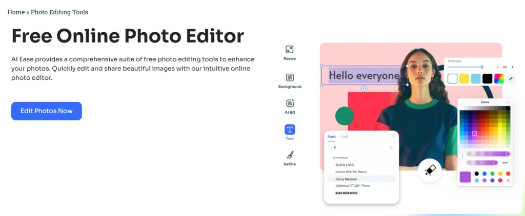 a interface do editor de fotografias online gratuito ai ease