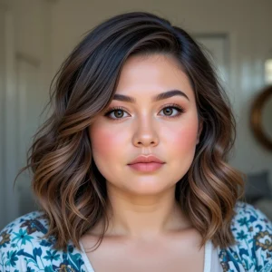 a cool round face girl with side-parted long waves