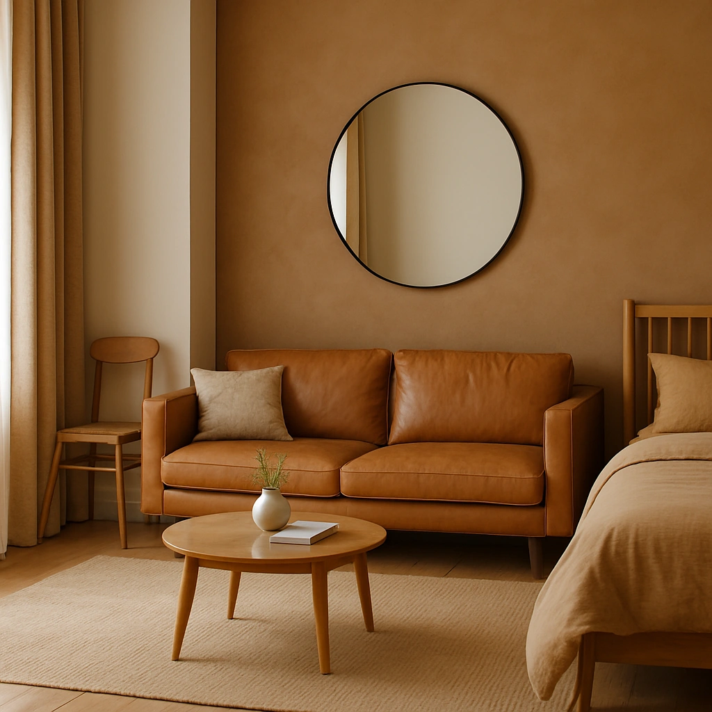 A cozy modern living room featuring tan color tones, including a tan leather sofa, tan linen curtains, light wood flooring, and beige decor accents.