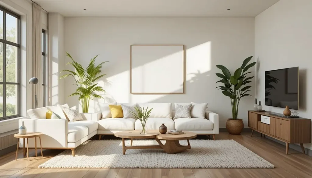 un acogedor salón moderno con tonos marfil, toques de madera y vegetación