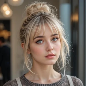a cute round face girl with messy bun hairstyle