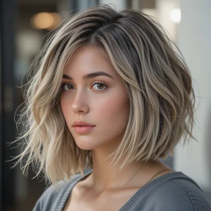 a female with french-inspired flipped-out shoulder-length bob
