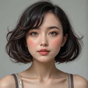 a girl with air bangs with voluminous inward-curled short hair