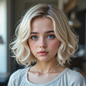 a girl with classic bob cut with soft curls at the ends