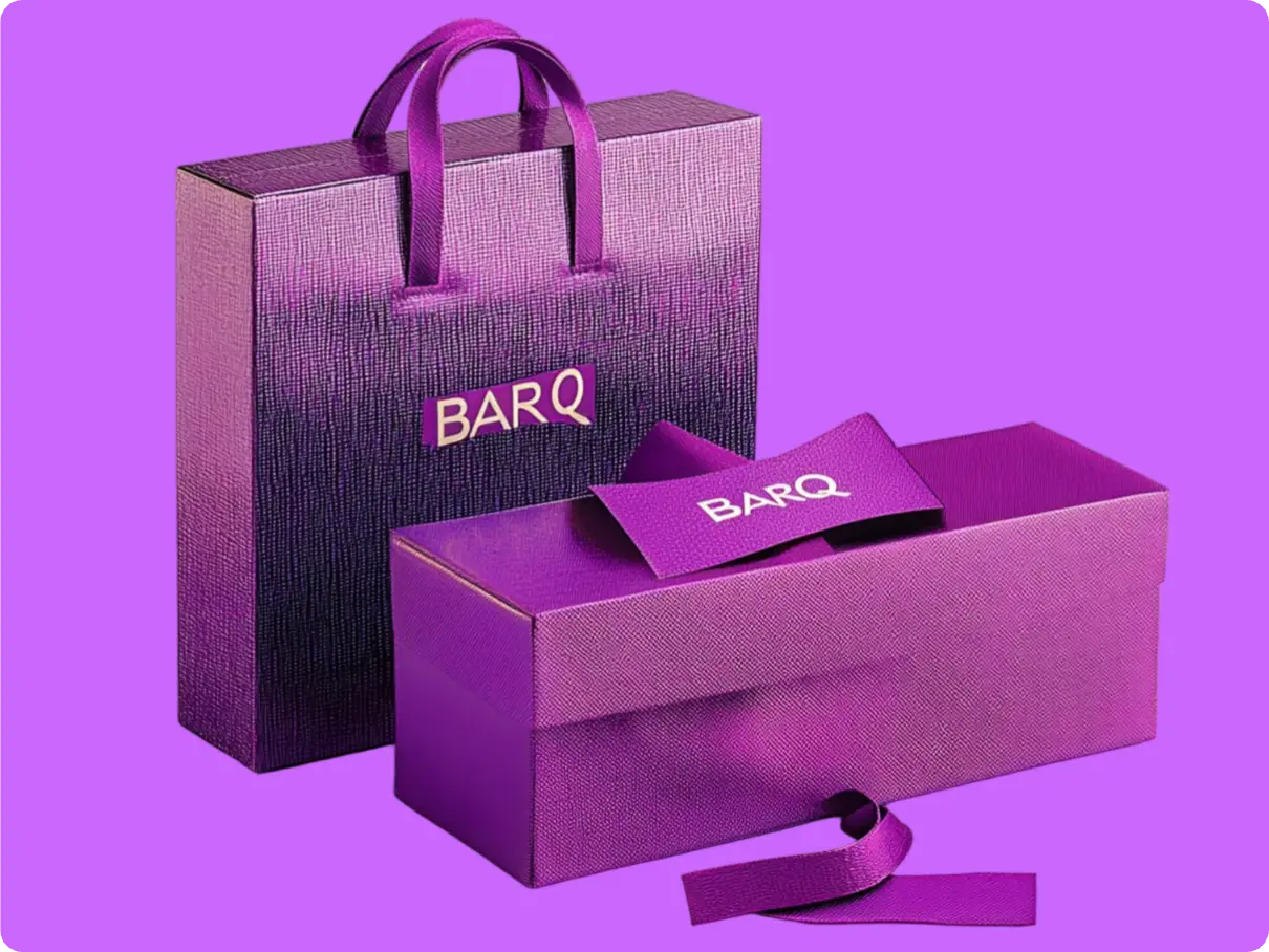 a purple background with purple packaging and bag