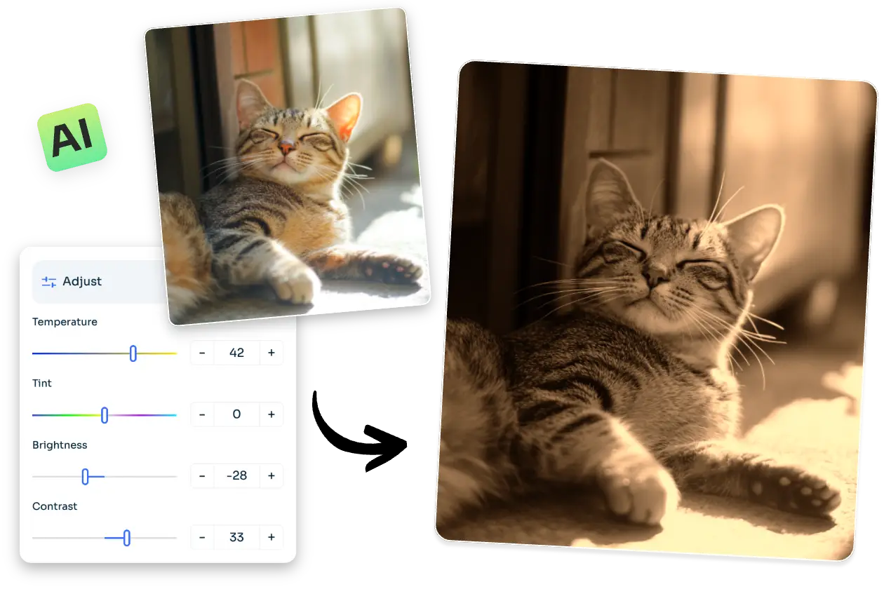 add a photo effect to a cat image with adjustment box and ai icon