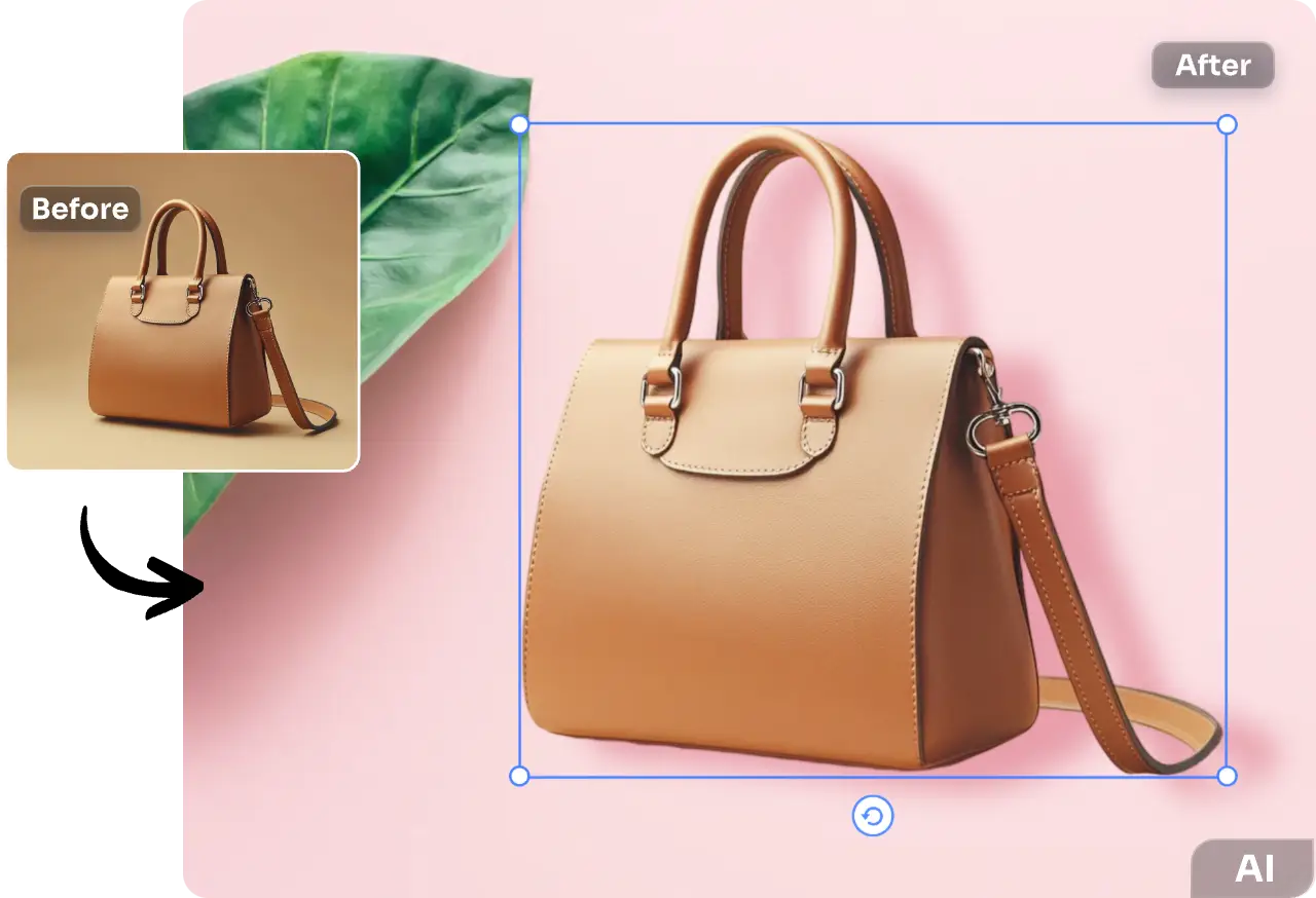 adicionar sombra a uma fotografia de produto de uma mala de mão castanha utilizando o editor de sombras de imagem online ai ease