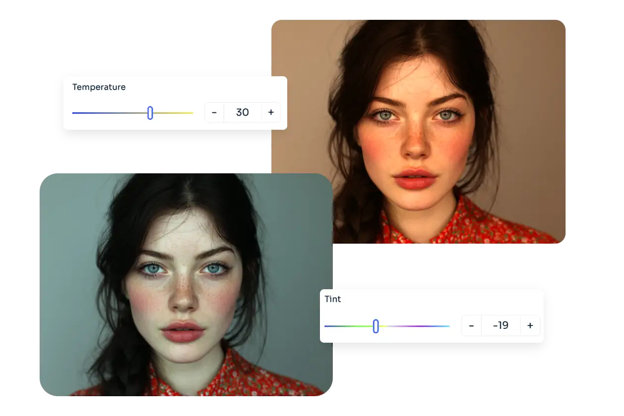 ajuste o balanço de brancos da imagem de uma mulher a usar uma camisa vermelha ajustando a temperatura e a tonalidade