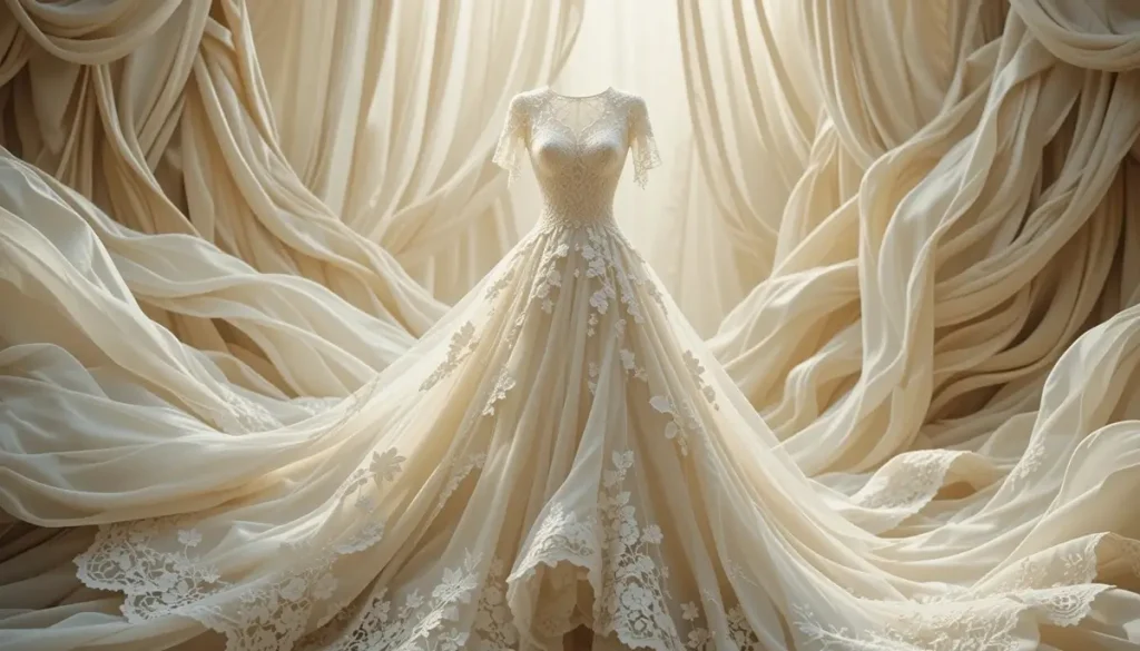 un vestido de novia marfil con tejido vaporoso, encaje y luz tenue