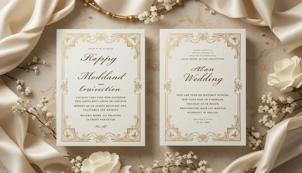 una invitación de boda en marfil con detalles dorados y elegante tipografía