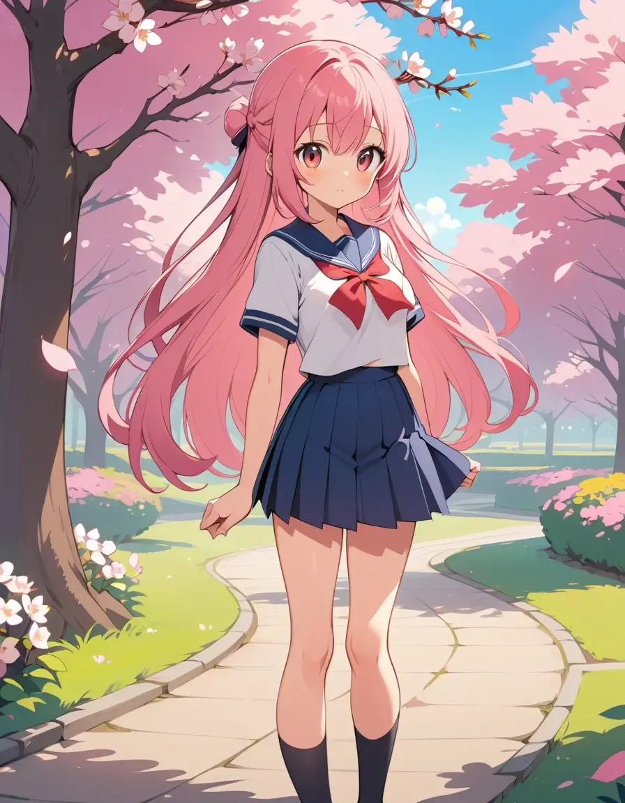 anime girl standing in a cherry blossom garden