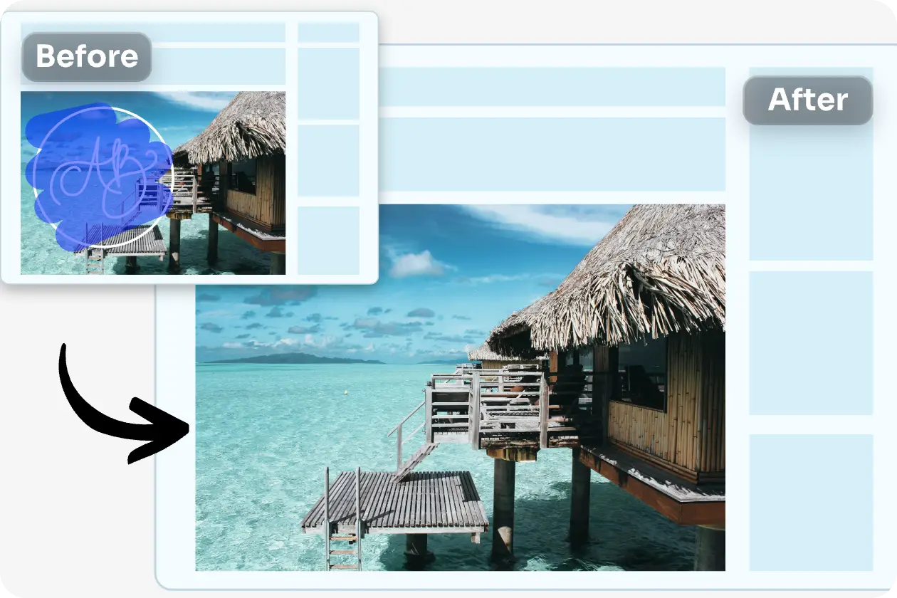 remove watermark from a tropical beach hut photo
