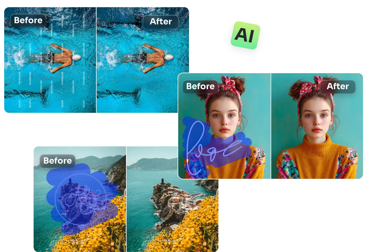 AI-powered watermark removal from swimming, portrait and city on the clif images