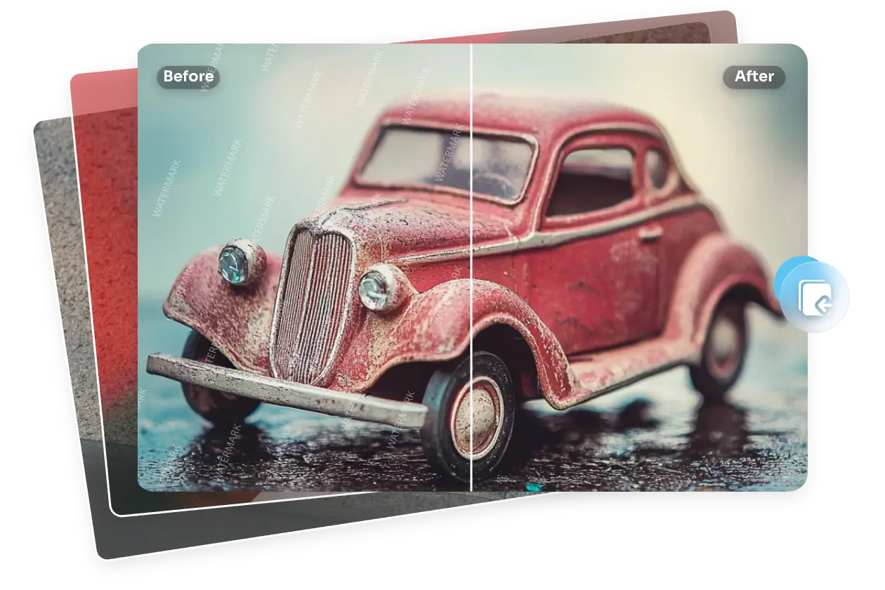 before and after comparison of pink car photo with watermark removal